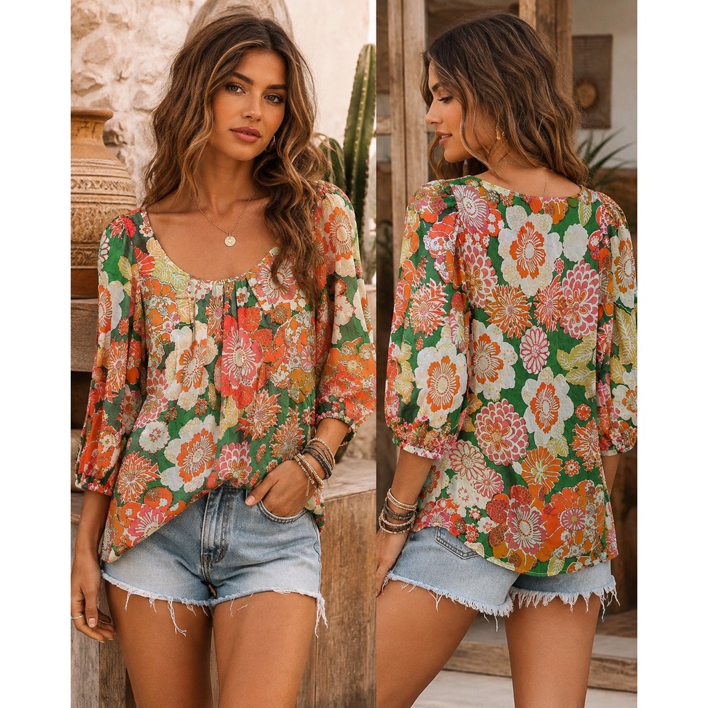 Chaudry KC Women S Blouse Green Floral Boho‎ Peasant Scoop Neck 3/4 Sleeve 10029